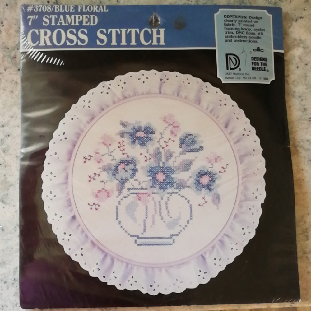 Vintage Cross Stitch 7" Stamped Blue Floral